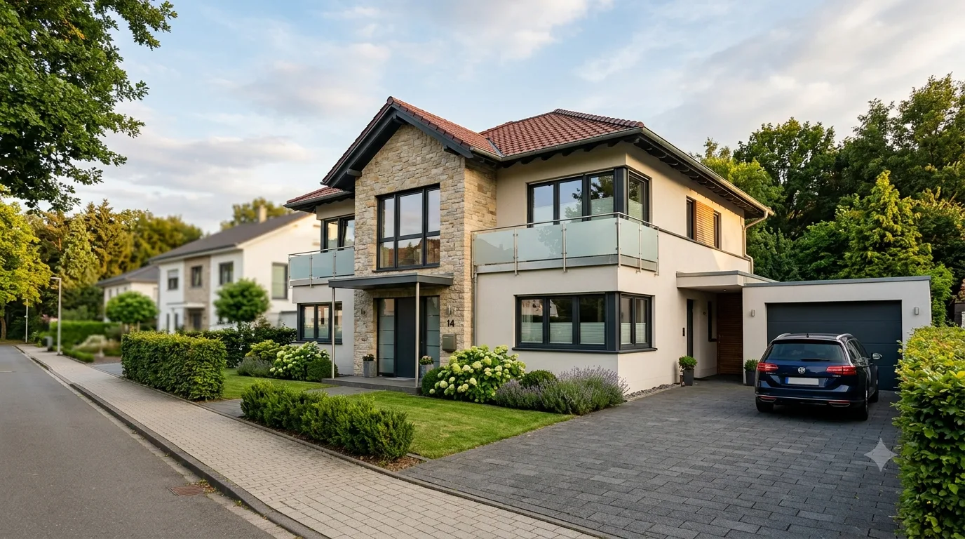 Straßenansicht des Hauses mit Einfahrt und Garage